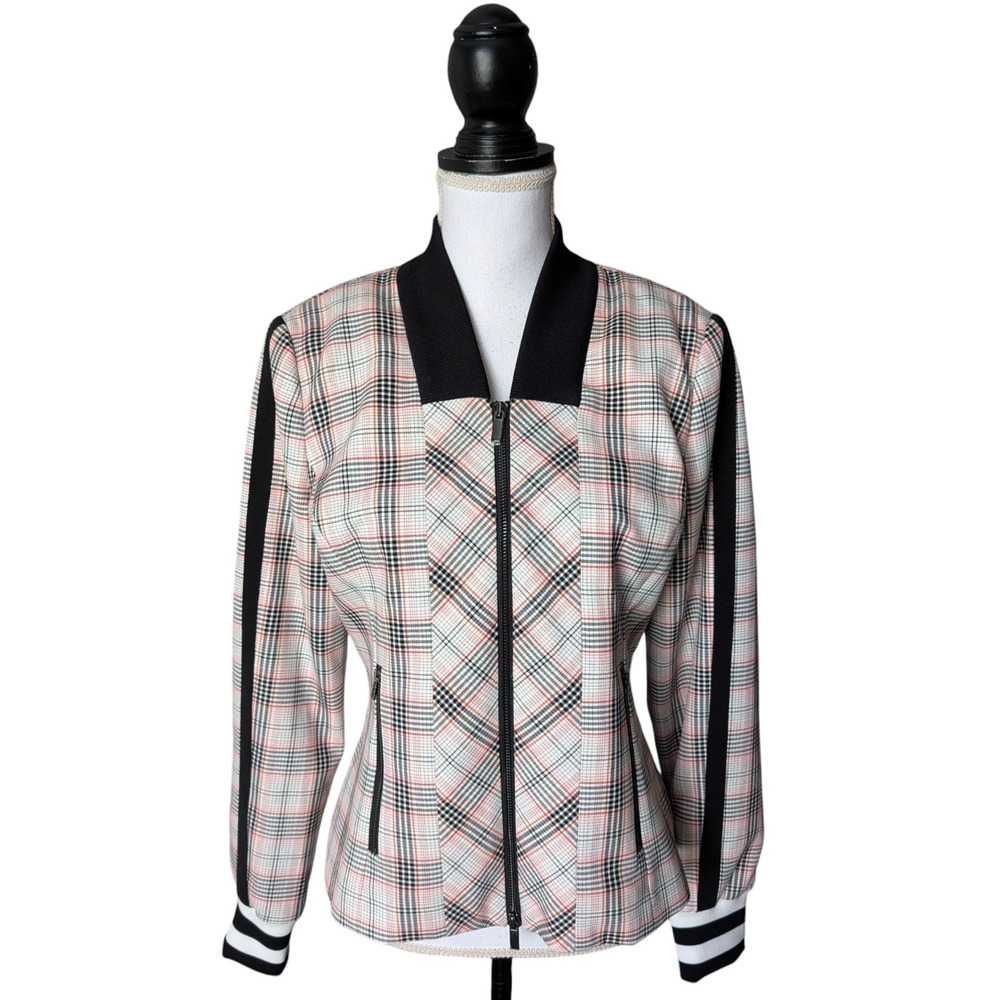 Per Se by Carlisle Grand Prix Houndstooth Check Bomber Jacket Size 6 Two Way Zip